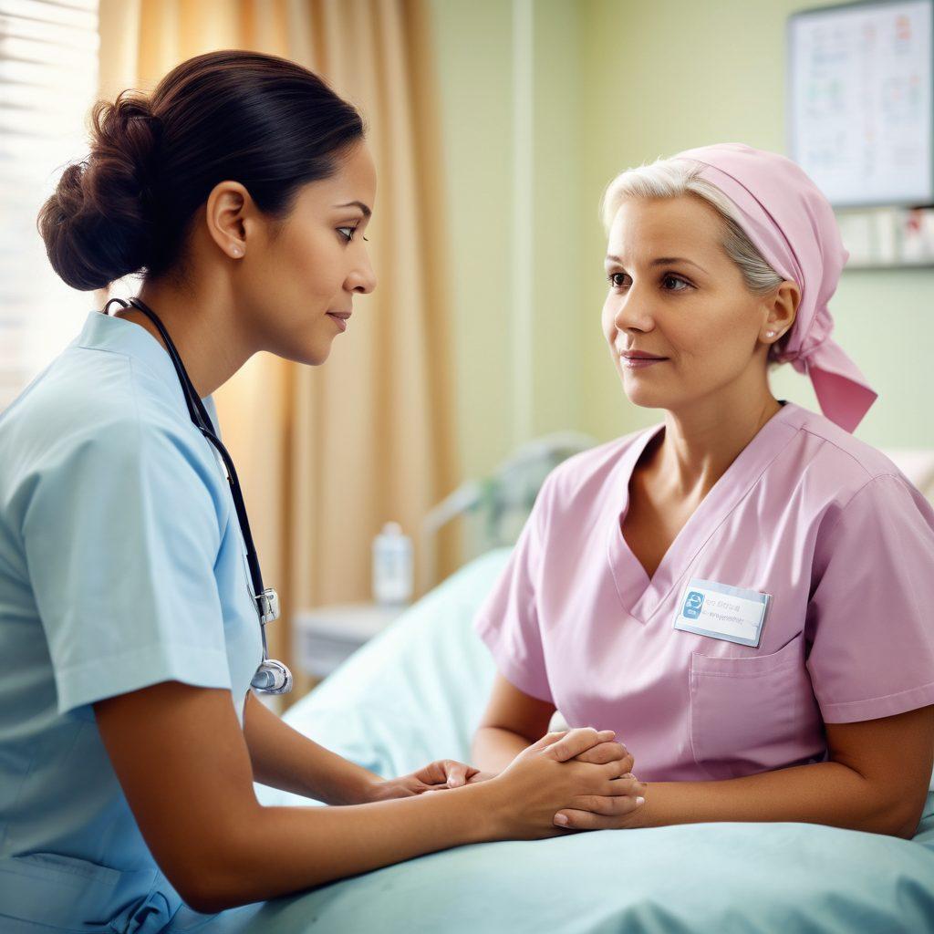 A compassionate nurse comforting a cancer patient in a serene hospital room, with soothing colors and soft lighting. In the background, a diverse group of patients and caregivers discussing treatment options in a supportive community setting. Include visual elements like medical charts and support group symbols to represent empowerment and hope. super-realistic. warm colors. soft focus.
