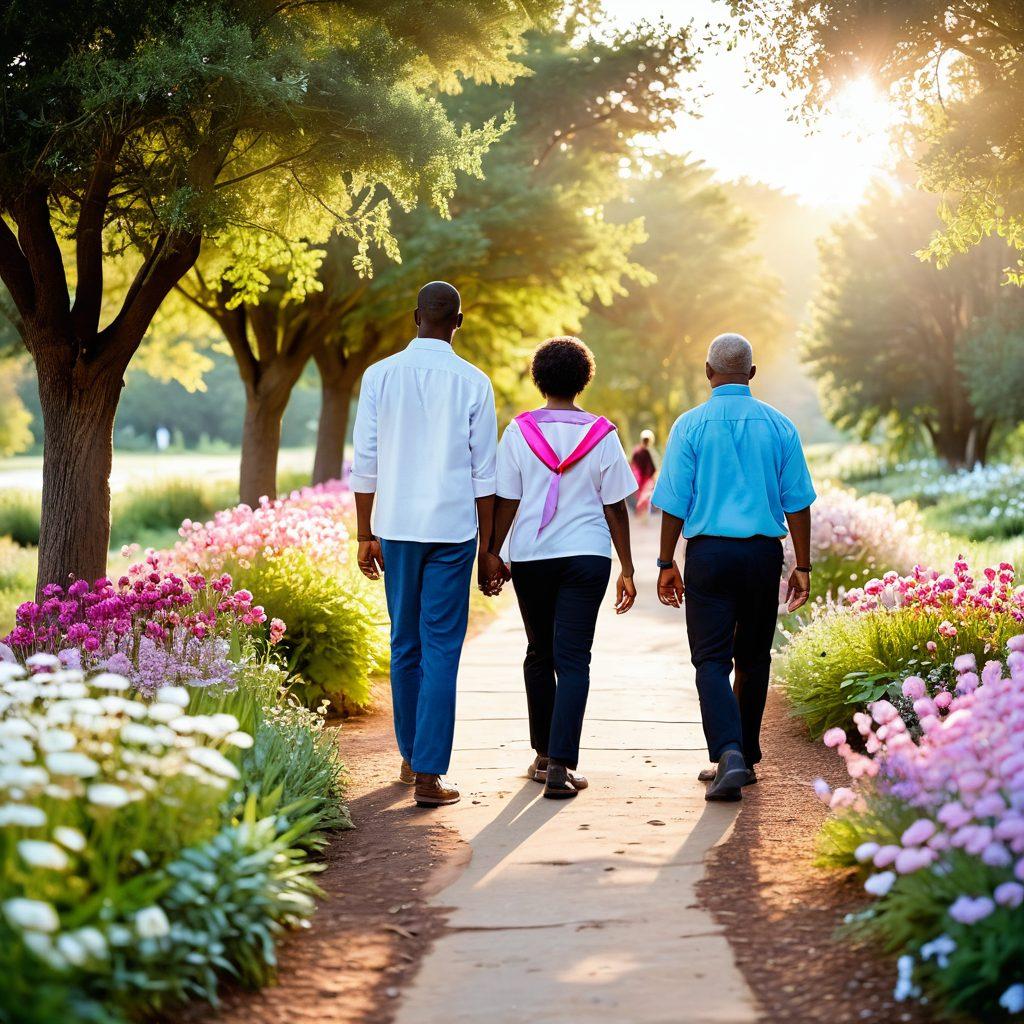 A serene pathway surrounded by blooming flowers, symbolizing hope and healing, leading towards a sunrise representing new beginnings. In the foreground, a diverse group of people—men and women of different ages and backgrounds—walking together, showcasing support and community. Include elements like ribbons and butterflies to symbolize cancer awareness and transformation. vibrant colors. soft focus. inspirational style.