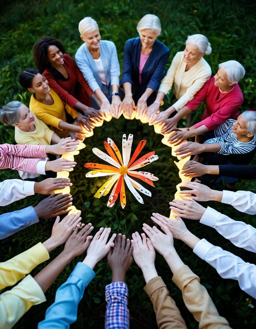 A diverse group of people of different ages and backgrounds, joining hands in a circle, symbolizing unity and support in cancer care. In the background, softly glowing light emanates from a large ribbon-shaped sculpture representing hope and healing. Include elements of nature like blooming flowers and butterflies to evoke a sense of life and renewal. The scene should be warm and inviting, conveying a message of hope and solidarity. super-realistic. vibrant colors. 3D.